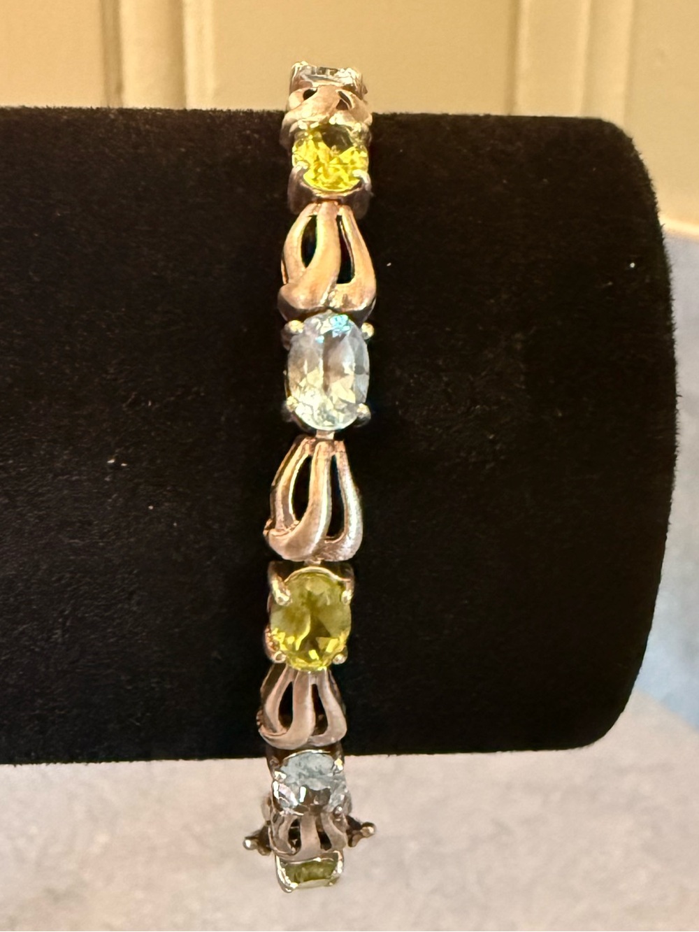Vintage Sterling Silver Blue Topaz & Peridot Fancy Line Bracelet 925 Silver